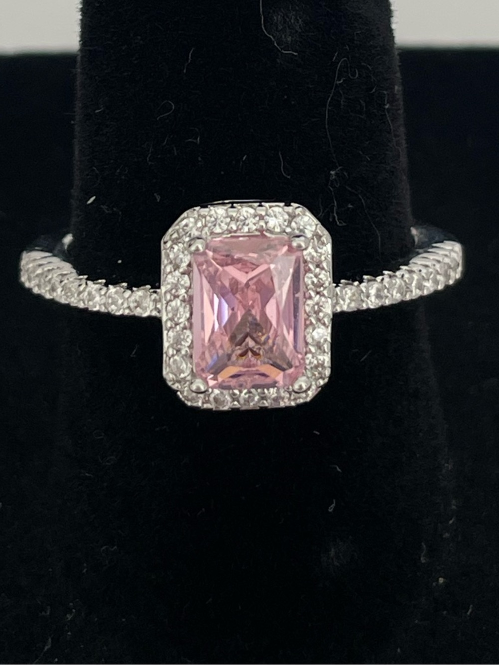 18k WG Pink Halo Emerald-Cut Ring with Pavé Band size 7